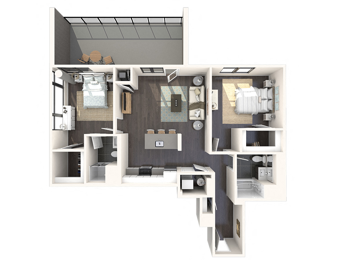 Floor plan for 2 beds, 2 baths, 1077 sqft